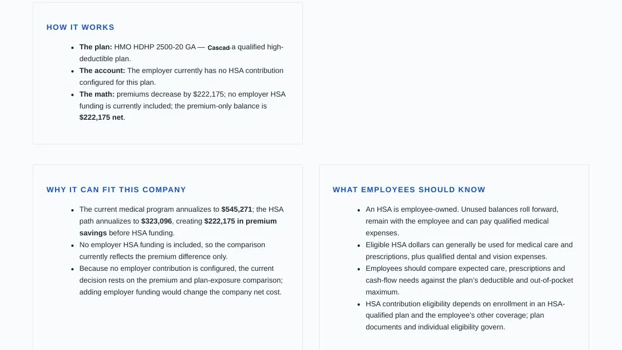 Proposal book page explaining the HSA strategy adopted from a scenario