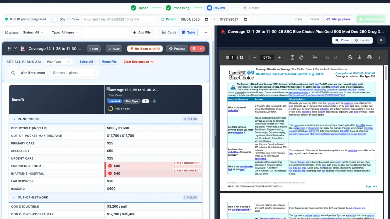 Planlined document review workspace showing parsed benefit data next to the source document