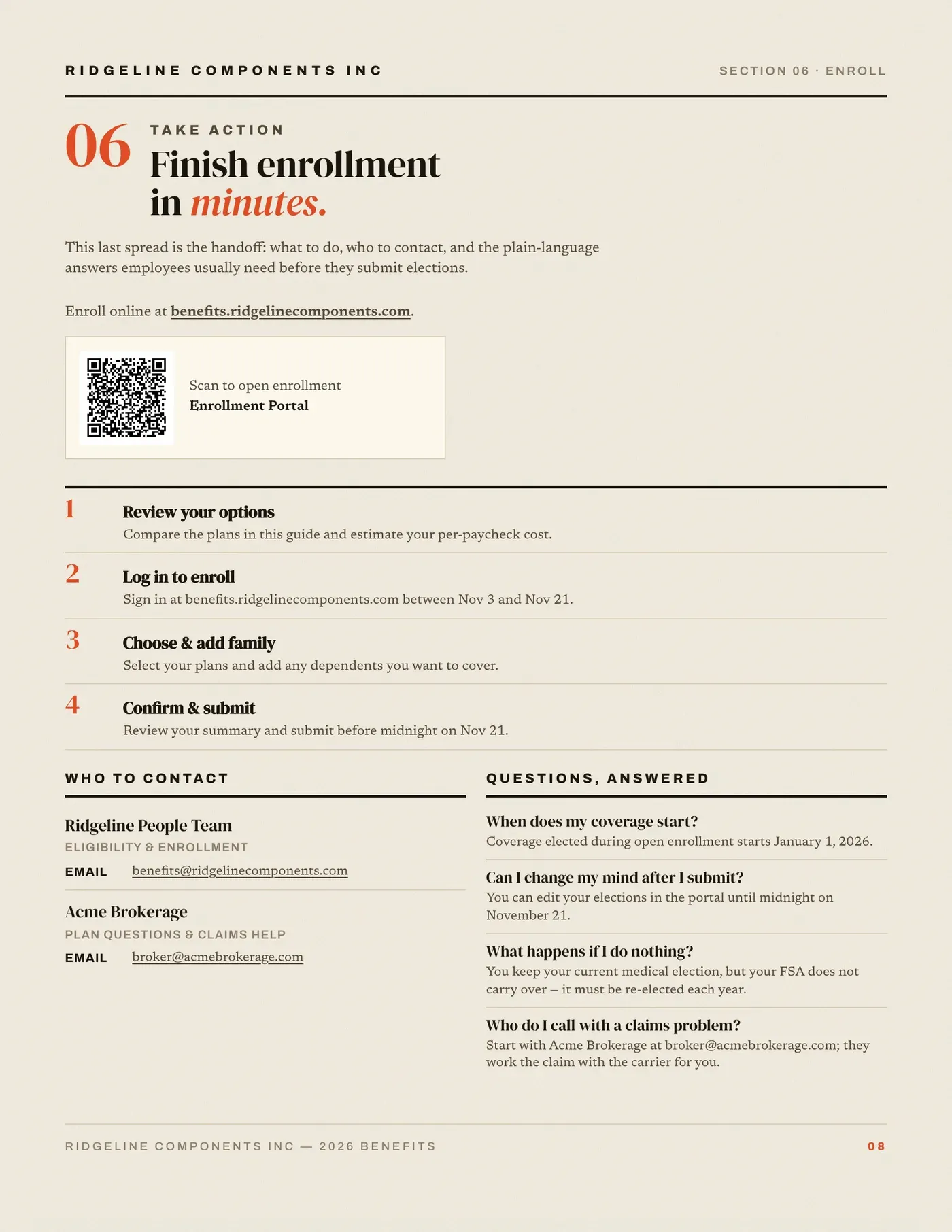 Benefit guide spread with four numbered enrollment steps, an enrollment-portal QR code and a questions-answered column