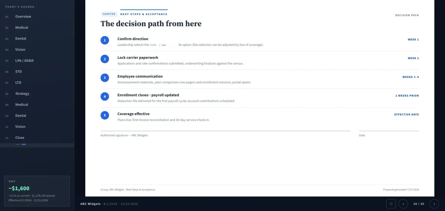 Presentation slide showing next steps and the acceptance decision path