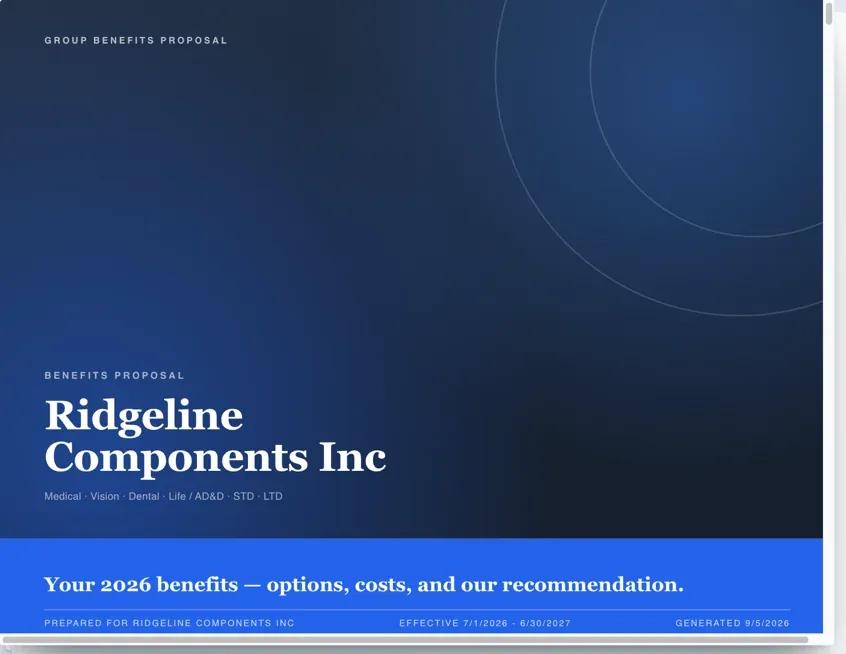 The Ridgeline Components proposal book cover: Group Benefits Proposal, medical, dental, vision, life and disability, effective July 2026