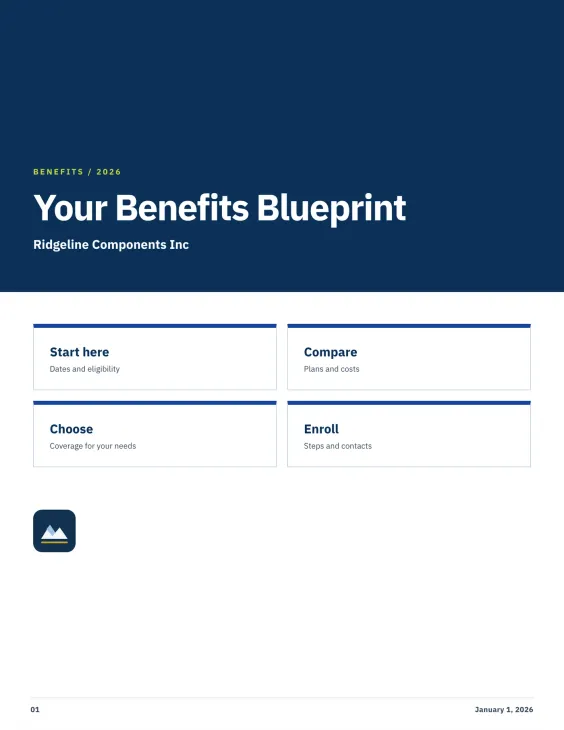 Modular Blueprint guide theme: navy header block over a four-card grid reading “Your Benefits Blueprint”