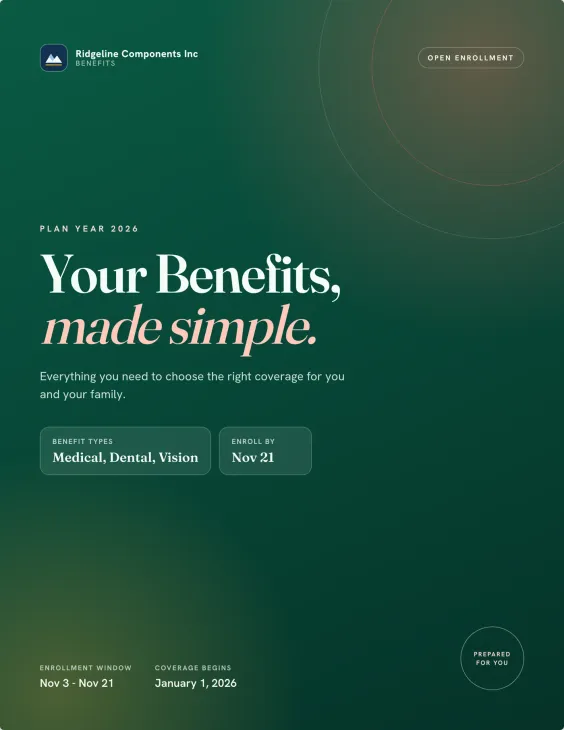 Modern Clean guide theme: green gradient cover reading “Your Benefits, made simple”