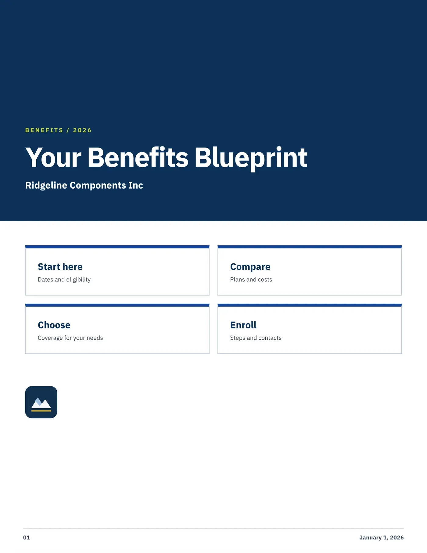 Modular Blueprint theme: navy header block over a four-card grid reading “Your Benefits Blueprint”