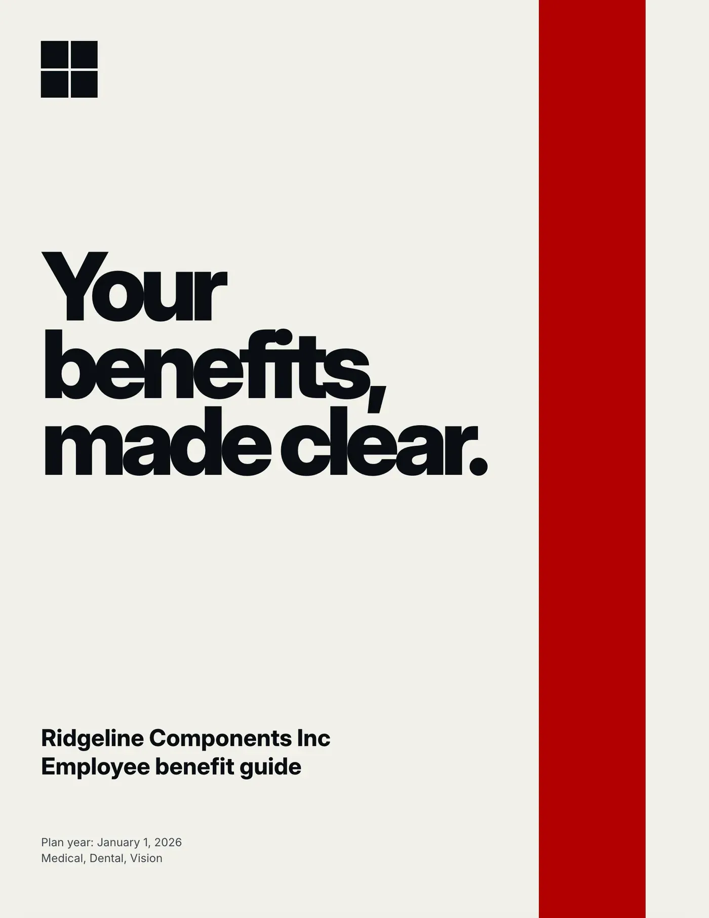 Civic Signal theme: off-white cover with a red vertical band reading “Your benefits, made clear.”