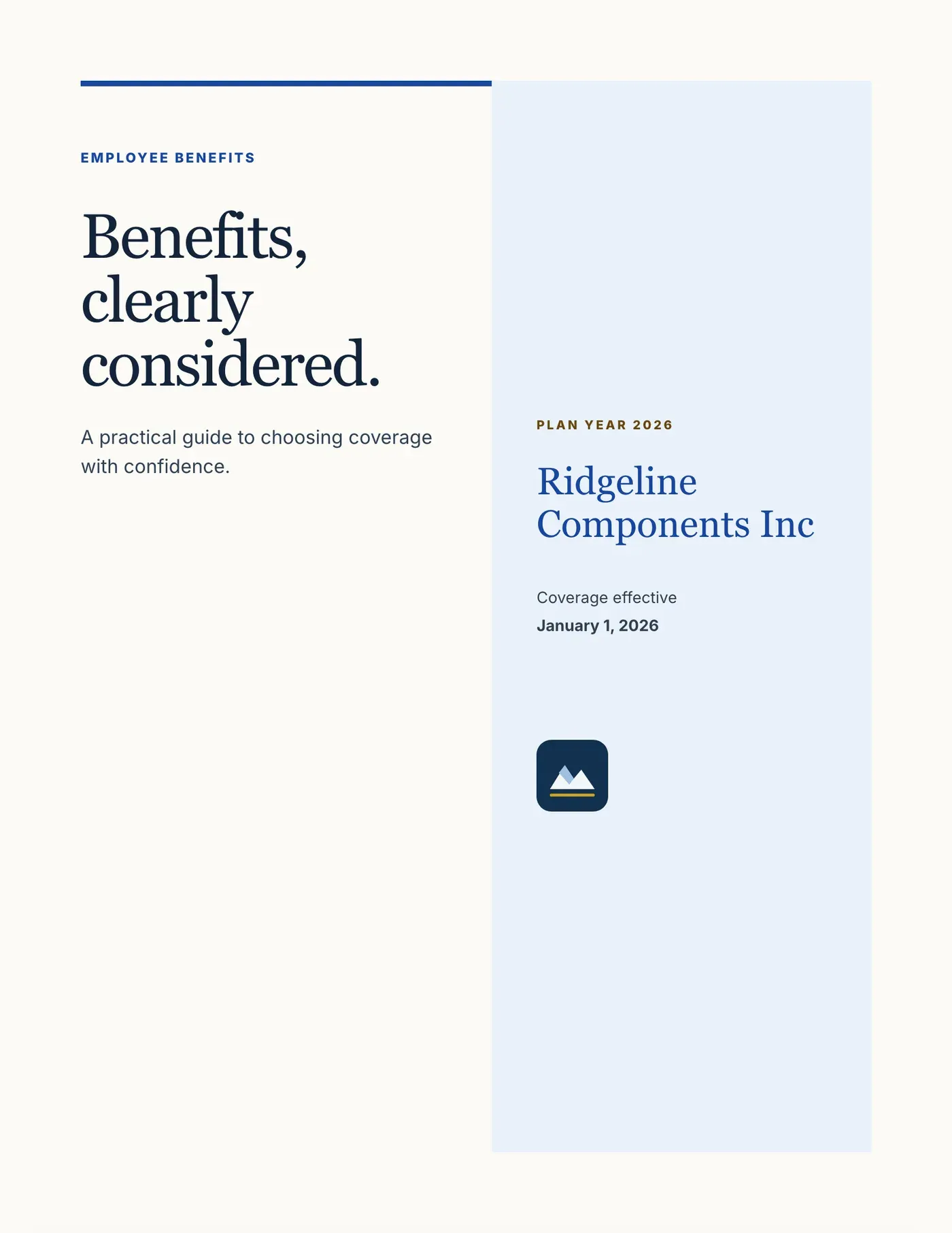 Editorial Cobalt theme: cream cover with a pale blue side panel reading “Benefits, clearly considered.”