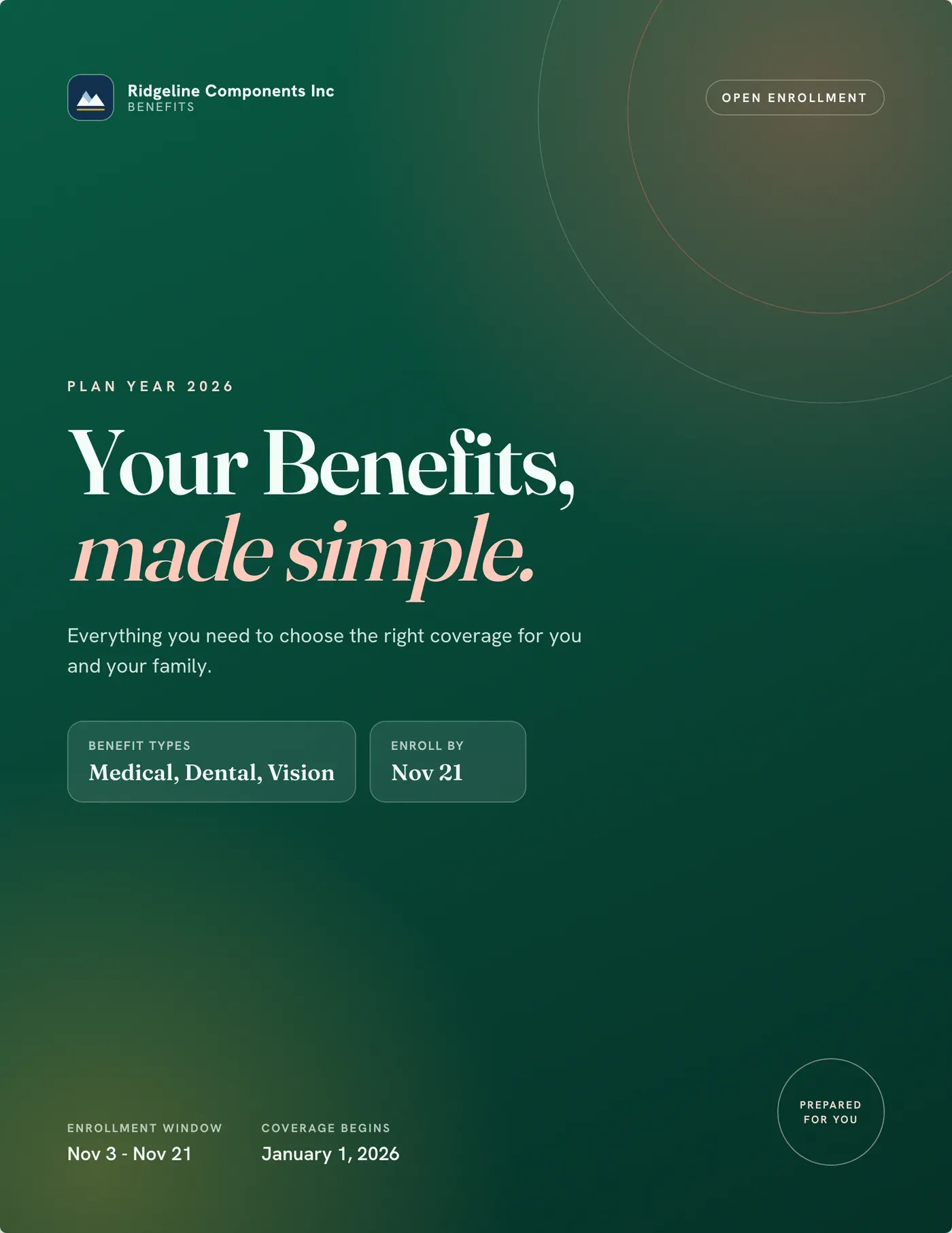 Modern Clean theme: evergreen gradient cover reading “Your Benefits, made simple.”