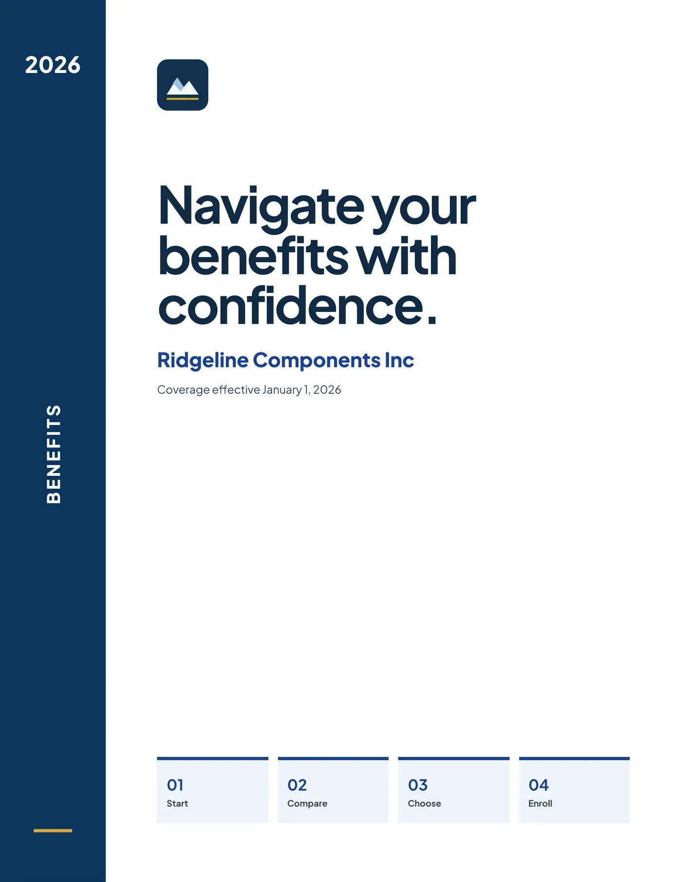 Blue Navigator theme: white cover with a navy sidebar reading “Navigate your benefits with confidence.”