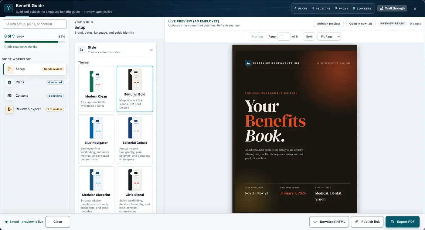 The Planlined benefit guide workbench: the Setup, Plans, Content and Review & export rail with readiness checks on the left, theme cards in the middle, and the live employee preview on the right